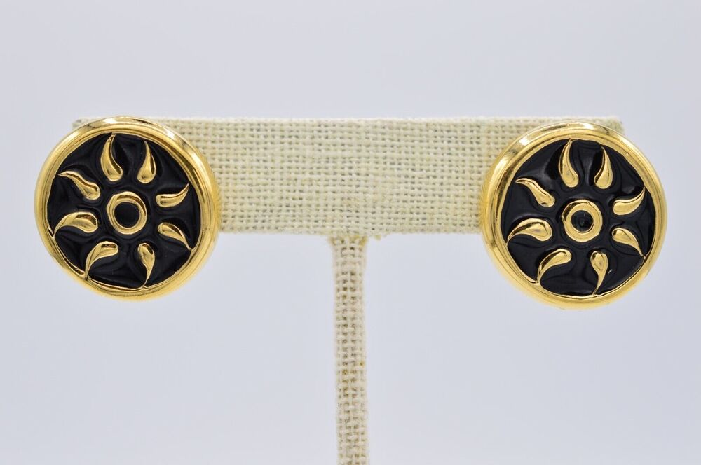 Givenchy Vintage Sun Stud Earrings Gold Black Enamel Solar Chunky Signed 80s 9I
